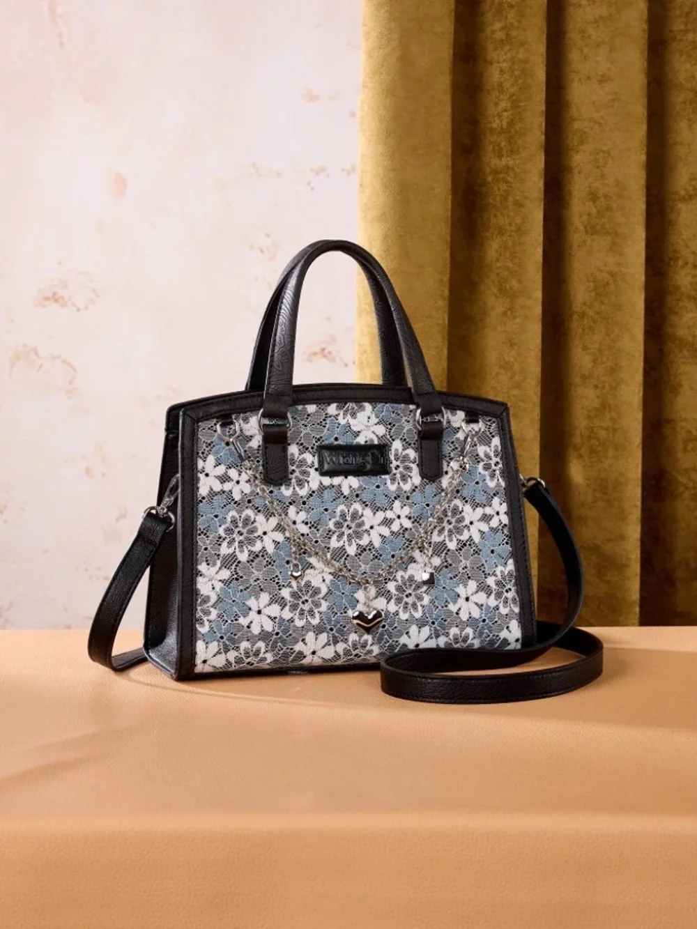 Wrangler Western Chic Lace with Chain Charm Satchel/Crossbody Bag Black
